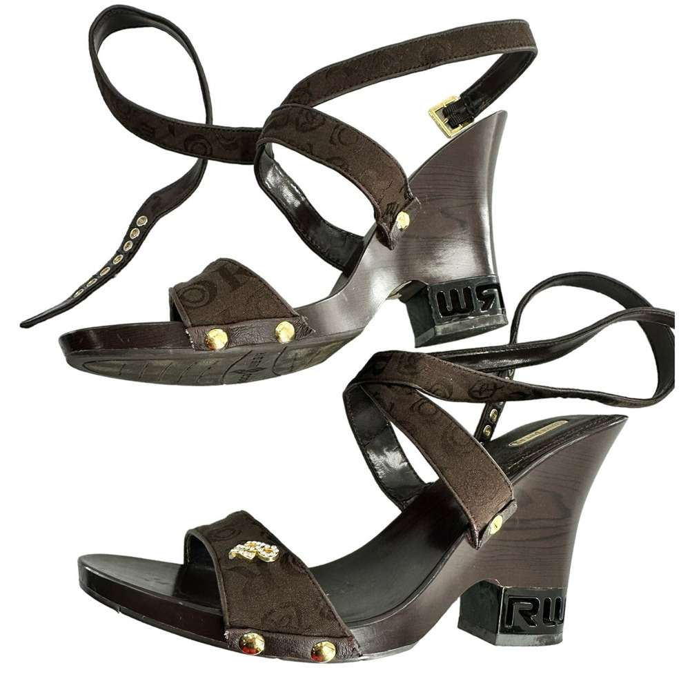 Women Rocawear Sandals Brown Ankle Strap Wedge Wood Heel Size 10